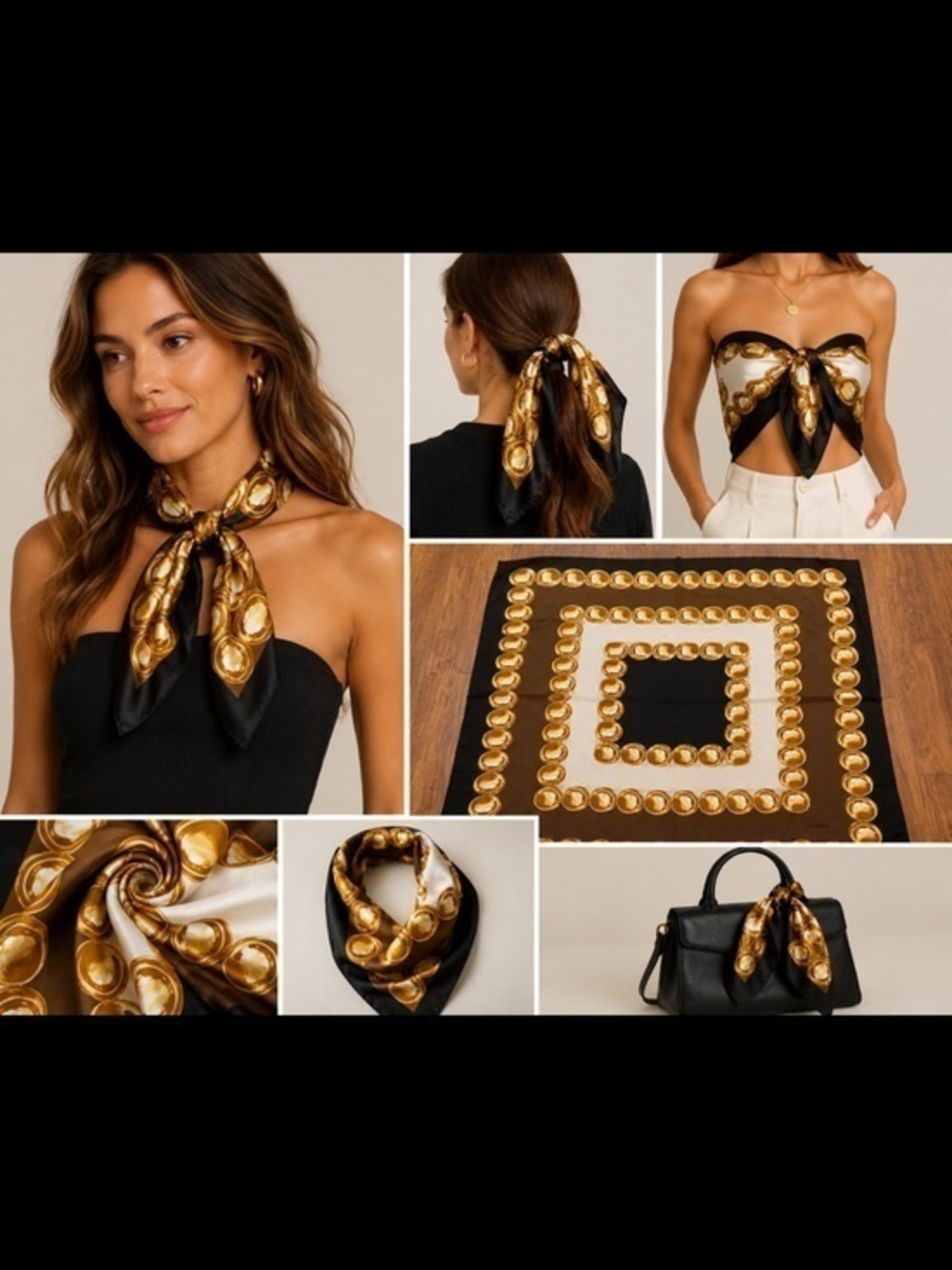 Movado Vintage Silk Scarf Black Gold Geometric Dot Print Luxury Square Scarf